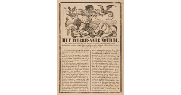 A print showing a cartoon-ish man eating a child and two dragon-like creatures flying around him with a headline that reads, "Muy interesante noticia" above an article.