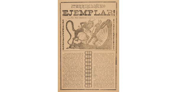 A yellowed black-and-white print of two horned devils with long tails dragging a young girl away from a person laying on the ground above Spanish text.