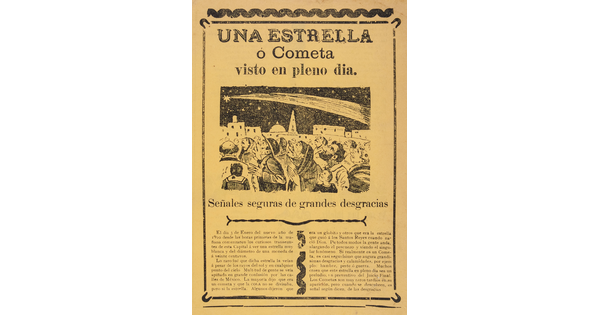 A yellowed black-and-white print of people watching a comet moving through the night sky above a block of Spanish text.