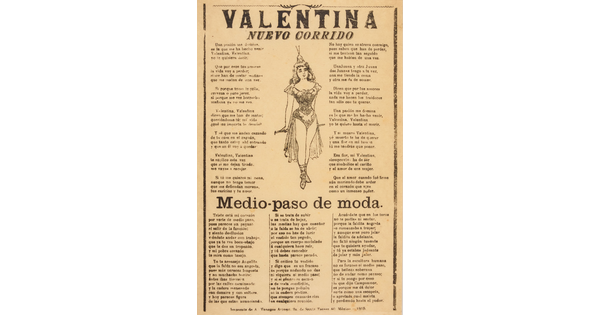 A black-and-white print of Spanish text around an image of a woman in a dance costume.