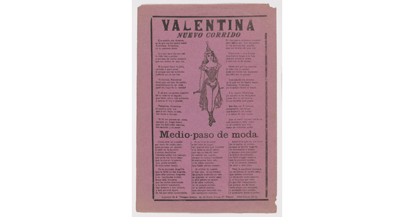 A black-and-white print on pink paper of Spanish text around an image of a woman in a dance costume.