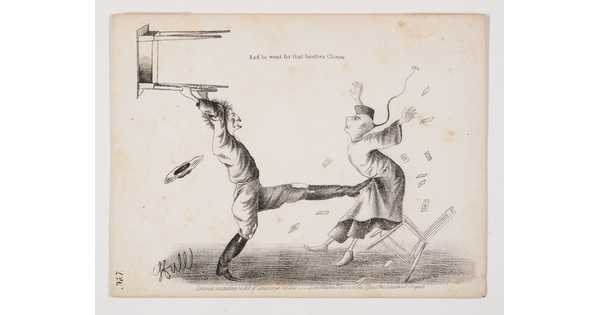 A black-and-white print illustration of a White man kicking a man with Asian features and holding a table above his head as if to throw it.