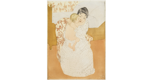 A color print of a woman sitting in a chair next to a bed holding a naked child who has its arms around her neck.