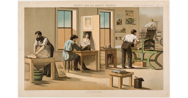 A color print depicting people working in a lithography studio.