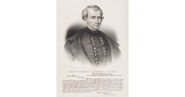 A black-and-white print of an older White man in military uniform above a dense block of cursive text.