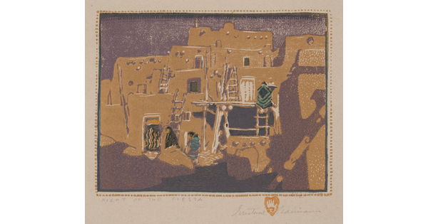 A color print of a multi-story yellow adobe pueblo with ladders leading from level to level all on a purple background.