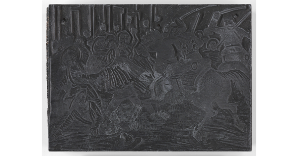 An engraved metal printing plate of a chaotic scene with various figures, some on horseback, fighting each other.