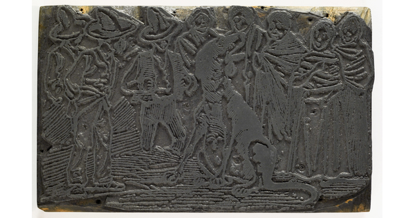 An engraved metal printing plate of an illustration of a group of people standing around a very large, sitting dog.