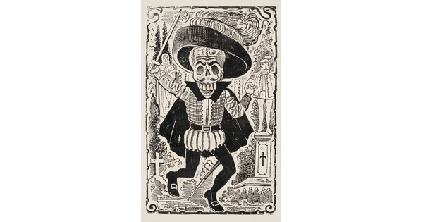 A black-and-white print of a skeleton wearing a plumed hat, cape, and frilly clothing waving a sword in a graveyard.