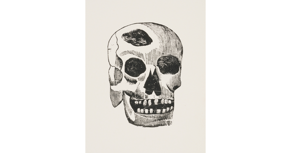 A black-and-white print of an illustration of a human skull showing a piece missing from the top.