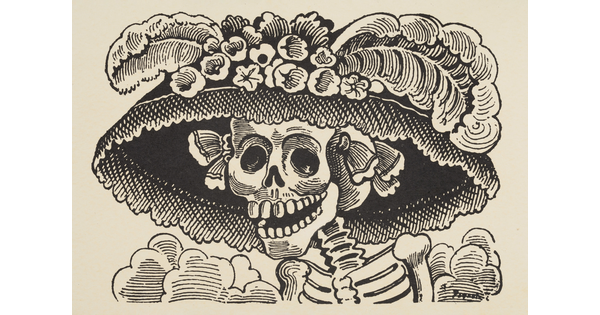 A black-and-white print of the head and shoulders of a skeleton wearing a large, lacy hat with feathers and flowers.