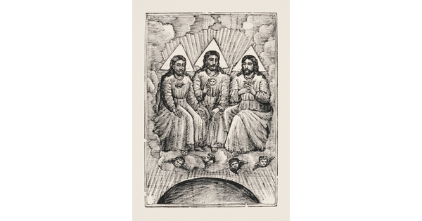 A black-and-white print of three seated male figures draped in robes seated on thrones on a cloud with cherubs peeking out from the cloud.