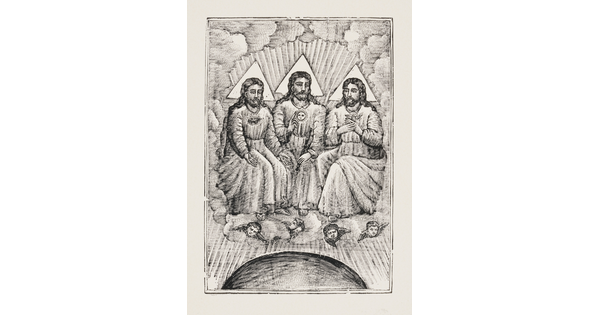 A black-and-white print of three seated male figures draped in robes seated on thrones on a cloud with cherubs peeking out from the cloud.