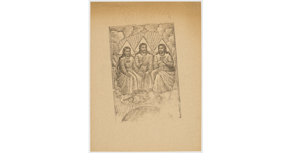 A sepia-toned print of three seated male figures draped in robes seated on thrones on a cloud with cherubs peeking out from the cloud.