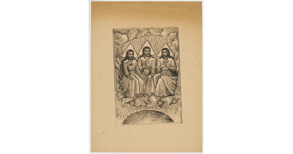 A sepia-toned print of three seated male figures draped in robes seated on thrones on a cloud with cherubs peeking out from the cloud.