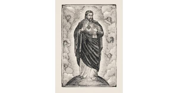 A black-and-white print of a Christ figure draped in robes that reveal the Sacred Heart and surrounded by cherubs.