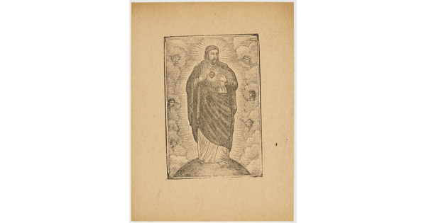 A sepia-toned print of a Christ figure draped in robes that reveal the Sacred Heart and surrounded by cherubs.