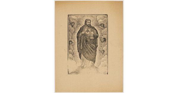 A sepia-toned print of a Christ figure draped in robes that reveal the Sacred Heart and surrounded by cherubs.