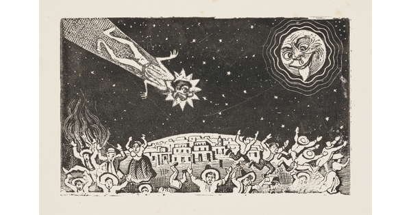 A black-and-white print of an anthropomorphized comet falling toward a town as people run; a moon in the sky makes a funny face and sticks out its tongue.