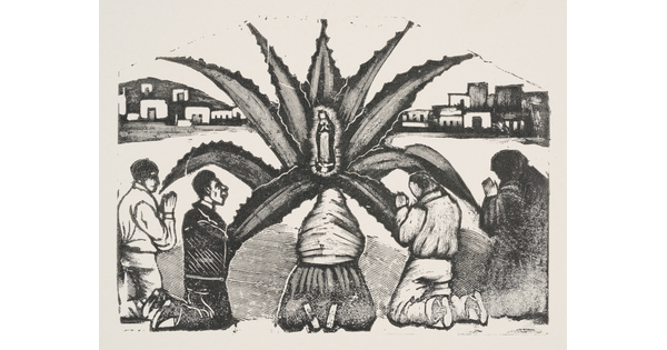 A black-and-white print of figures kneeling around an agave plant with a glowing Virgin Mary inside its leaves.