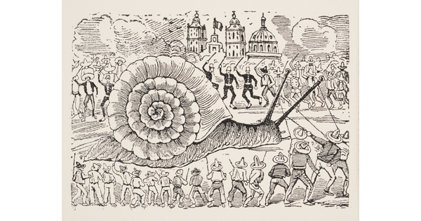 A black-and-white print of hordes of civilians and soldiers raising swords at a giant snail in a street.