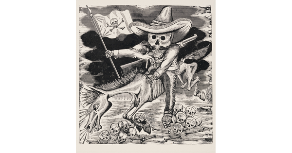 A black-and-white print of a skeleton wearing a sombrero, a rifle slung across his back, holding a flag with a skull and crossbones, and riding a galloping skeletal horse over skulls.