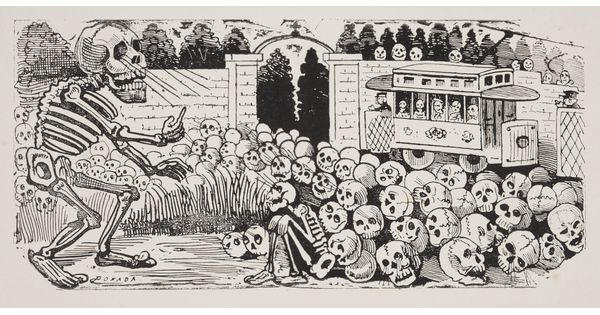 A black-and-white print of a large skeleton approaching a walled garden filled with skulls and one crouching skeleton; a streetcar in the background is filled with skeletons.