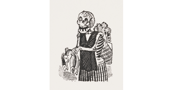 A black-and-white print of a skeleton wearing an apron and skirt, a backpack, and holding four fish.
