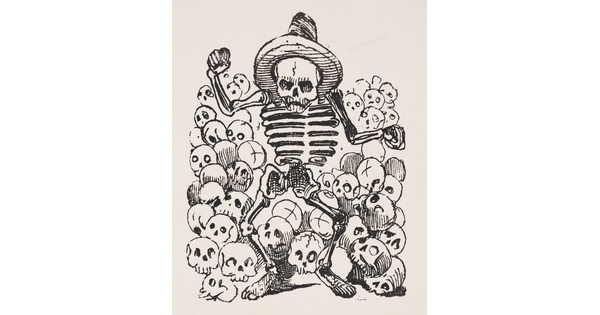 A black-and-white print of a skeleton wearing a sombrero standing among a pile of human skulls.