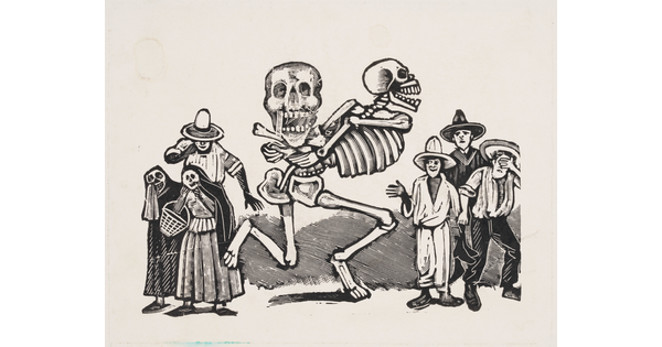 A black-and-white print of a running skeleton carrying a skull on its back as several people and clothed skeletons watch.