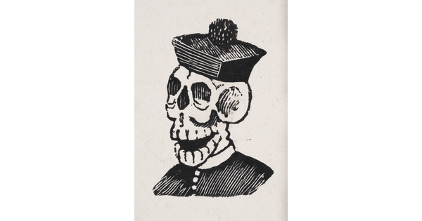 A black-and-white print of a skull wearing a biretta and a clerical shirt with a white collar.