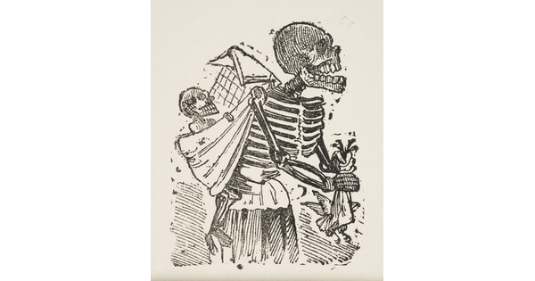 A black-and-white print of a skeleton carrying a baby skeleton on its back in a sling and holding a chicken by its wings.
