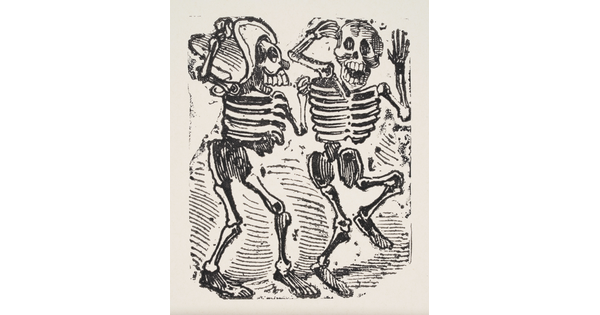 A black-and-white print of two skeletons dancing, one wearing a sombrero.