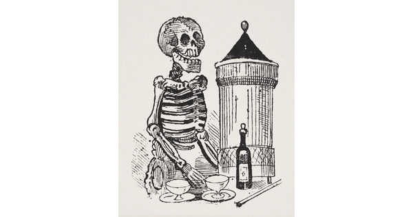 A black-and-white print of a skeleton standing behind a table on which sits two glasses, a bottle, and a tower-like structure.
