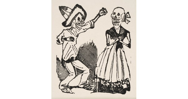 A black-and-white print of a skeleton, arms raised, wearing a sombrero, top, and pants next to a skeleton wearing a long dress.
