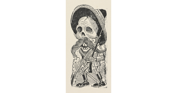 A black-and-white print of a skeleton with a mustache wearing a sombrero and a bandolier, holding a rifle in one hand and a sword in the other.