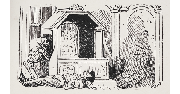 A black-and-white print of a skeleton kneeling next to a confessional, a man lying on the floor, and a cloaked figure walking away.