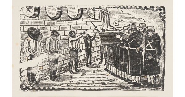 A black-and-white print illustration of a line of soldiers pointing their rifles at four men standing against a wall.