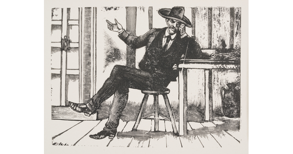 A black-and-white print illustration of a seated man wearing a hat and suit, leaning on a table with one arm and gesturing with the other.