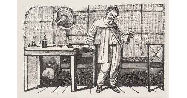 A black-and-white print illustration of a man standing next to a table holding a glass in one hand.