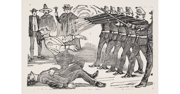 A black-and-white print illustration of a line of soldiers firing their rifles at two men as a priest and two others watch.