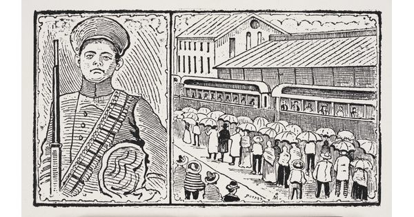 A black-and-white print of two illustrated vignettes: on the left, a soldier wearing a bandolier and holding a rifle; on the right, a crowd of people under umbrellas standing next to a train.