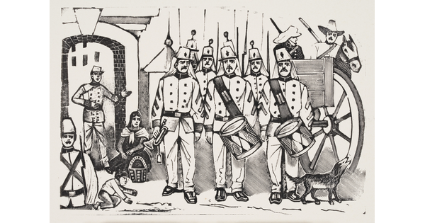 A black-and-white print illustration of a military band marching in a public space as spectators and dogs watch.