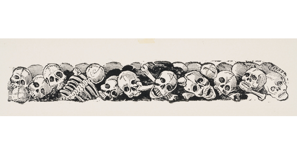 A horizontally-oriented black-and-white print illustration of many skulls and bones piled together.