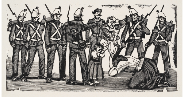 A black-and-white print illustration of two children and a woman holding on to a man surrounded by soldiers.