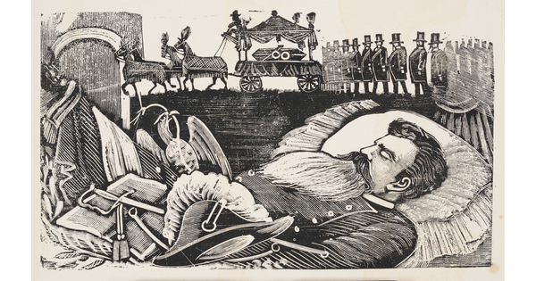 A black-and-white print illustration of the dead body of a bearded man dressed in military uniform, and a wagon pulling a hearse as a crowd follows behind.
