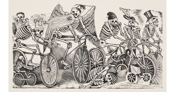 A black-and-white print of a group of skeletons, some with hats, mustaches, or wings riding bicycles.