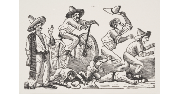 A black-and-white print illustration of a man riding a bicycle as men and children run or watch.