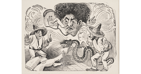 A black-and-white print of a large, dark-skinned person hovering above two men wearing sombreros and holding candles over a serpent with wings that is looking at legs protruding from the bottom left corner.