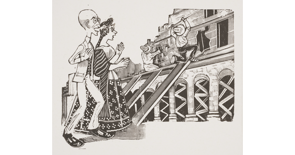 A black-and-white print illustration of a nicely dressed couple watching two construction workers working on a building.